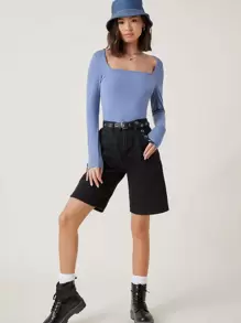 SHEIN BASICS Camiseta algodón de cuello cuadrado forma ajustada - Neblina azul - Ver 5