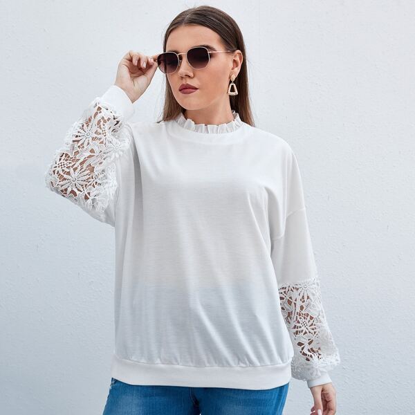 

Plus Guipure Lace Panel Frill Trim Sweatshirt, White