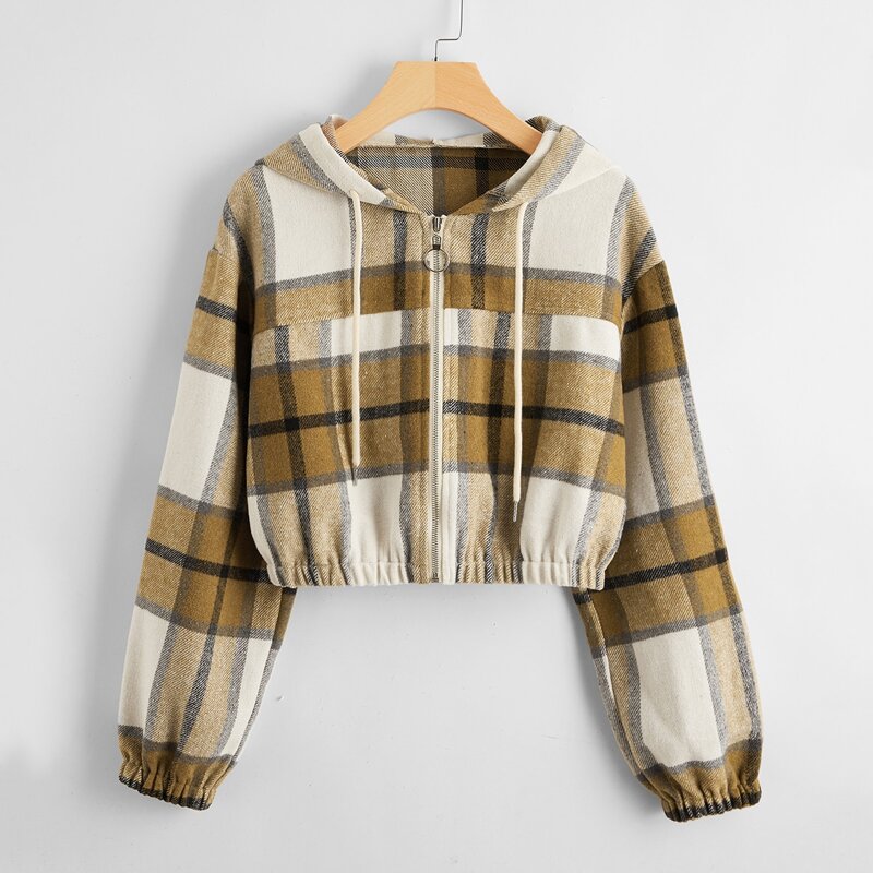

Plaid Zip Up Drawstring Jacket, Multicolor