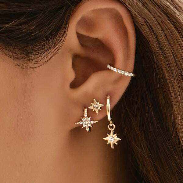 

5pcs Rhinestone Decor Earrings, Gold