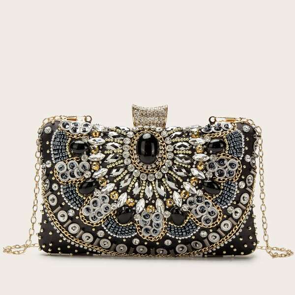 

Rhinestone & Sequin Decor Box Bag, Black