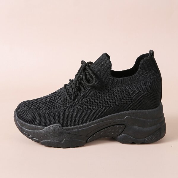 

Lace Up Decor Hidden Wedge Chunky Sneakers, Black