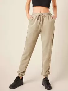 SHEIN BASICS Cotton Drawstring Waist Solid Joggers - Khaki - View 1