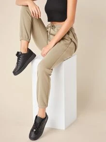 SHEIN BASICS Cotton Drawstring Waist Solid Joggers - Khaki - View 3