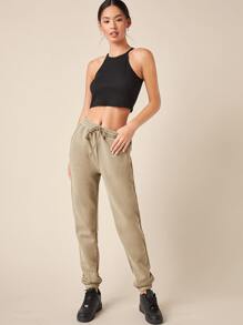 SHEIN BASICS Cotton Drawstring Waist Solid Joggers - Khaki - View 4