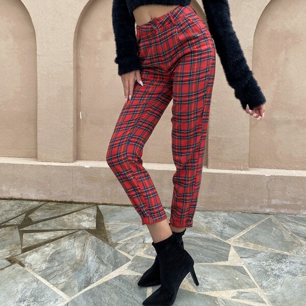 

Chain Detail Tartan Print Capri Pants, Red