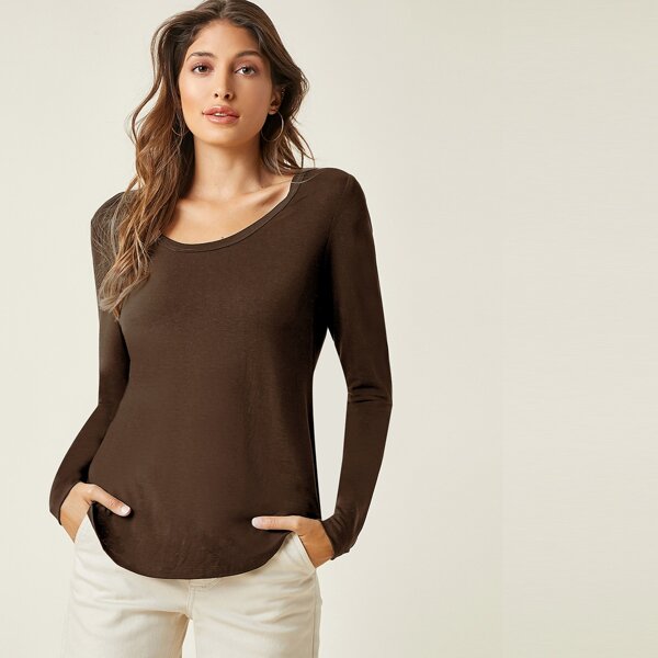 

Curved Hem Solid Tee, Chocolate brown