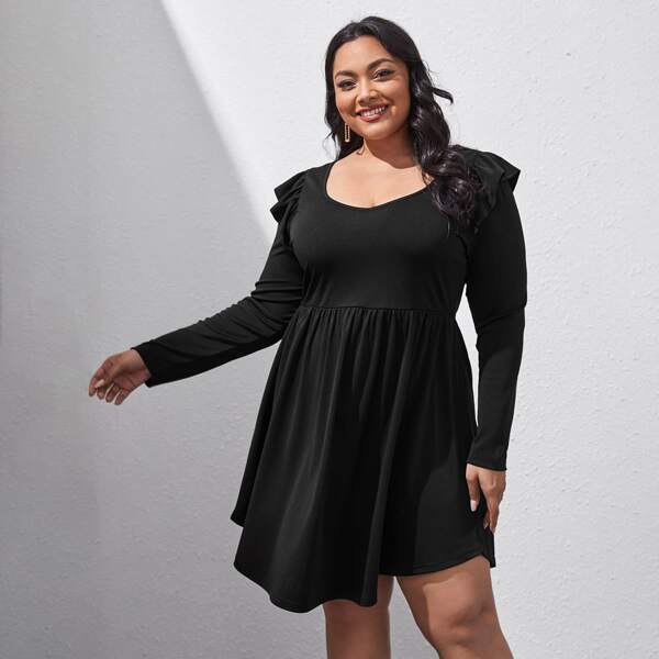 

Plus Ruffle Trimed A-line Dress, Black