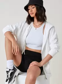SHEIN BASICS Capucha algodón con cremallera bolsillo con cordón - Blanco - Ver 1