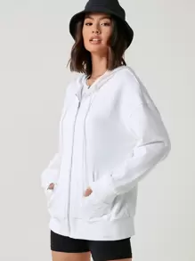 SHEIN BASICS Capucha algodón con cremallera bolsillo con cordón - Blanco - Ver 3