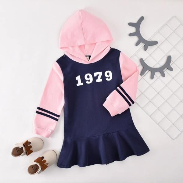 

Toddler Girls Varsity Stripe Ruffle Hem Hoodie Dress, Navy blue