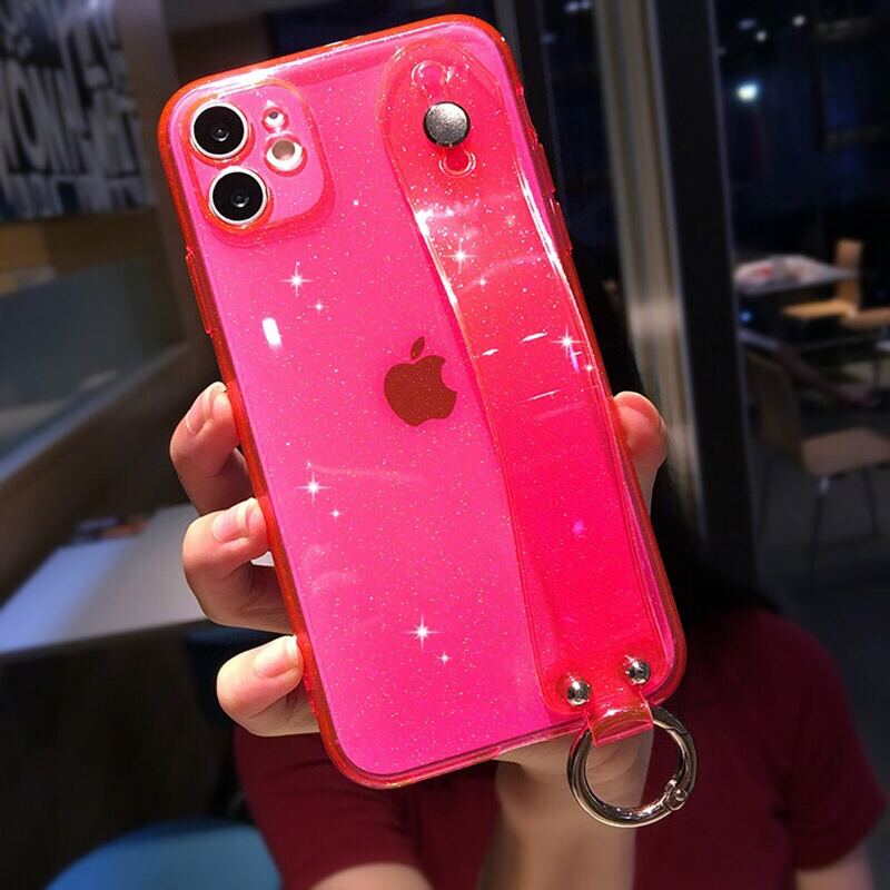 

Glitter Hand Strap iPhone Case, Pink clear