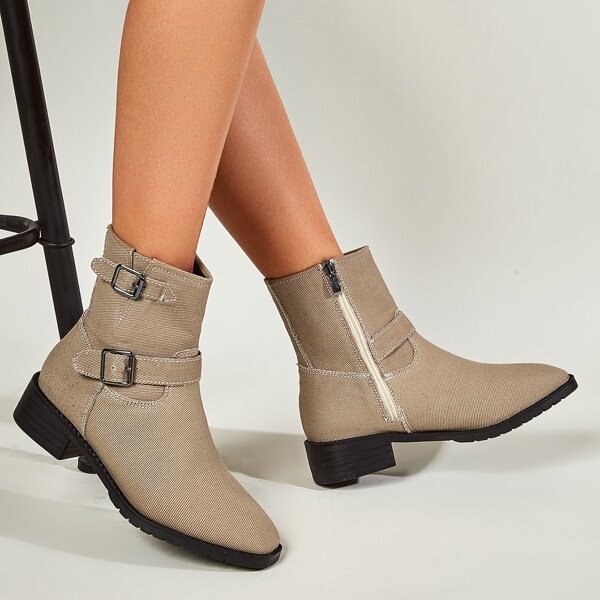 

Buckle Decor Mid Calf Boots, Khaki