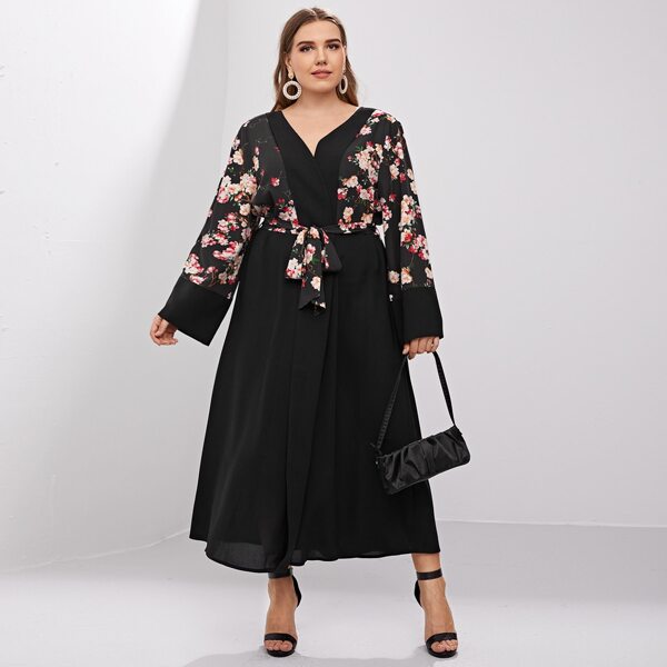 

Plus Self Tie Bell Sleeve Floral Kimono, Black