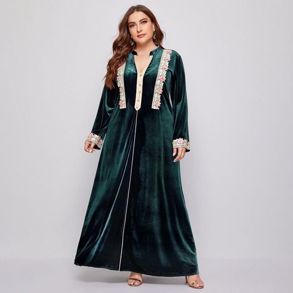

Plus Guipure Lace Panel Notched Neck A-Line Dress, Dark green