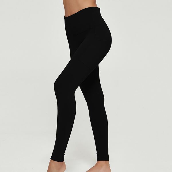 

Wide Waistband Solid Sports Leggings With Phone Pocket, Black