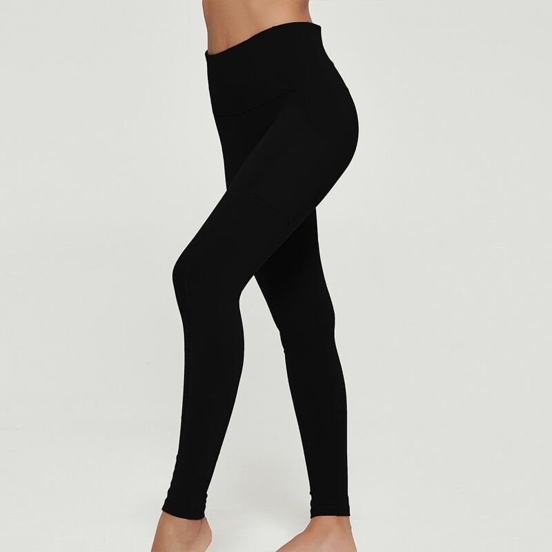 

Wide Waistband Solid Sports Leggings With Phone Pocket, Black