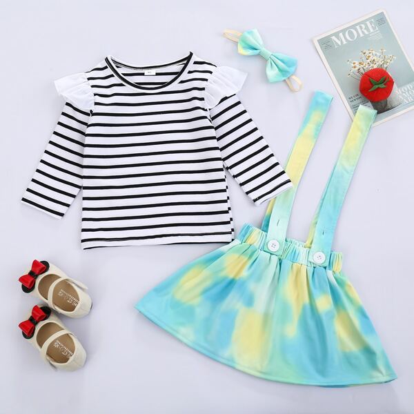 

Toddler Girls Striped Ruffle Trim Tee & Tie Dye Suspender Skirt & Headband, Multicolor