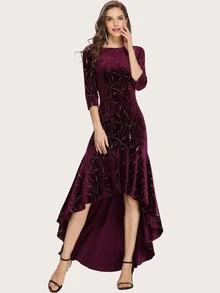 EVERPRETTY Boat Neck High Low Hem Sequin Velvet Prom Dress - Maroon - View 1