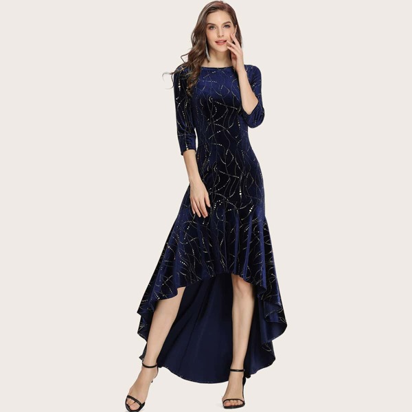 

Boat Neck High Low Hem Sequin Velvet Prom Dress, Navy blue