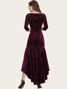 EVERPRETTY Boat Neck High Low Hem Sequin Velvet Prom Dress - Maroon - View 2