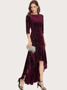 EVERPRETTY Boat Neck High Low Hem Sequin Velvet Prom Dress - Maroon - View 3