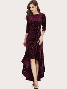 EVERPRETTY Boat Neck High Low Hem Sequin Velvet Prom Dress - Maroon - View 4