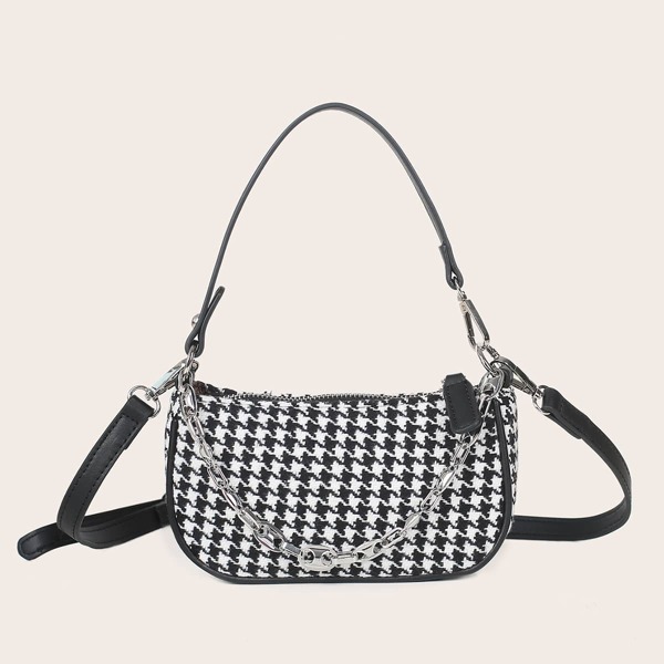 

Houndstooth Graphic Baguette Bag, Black and white