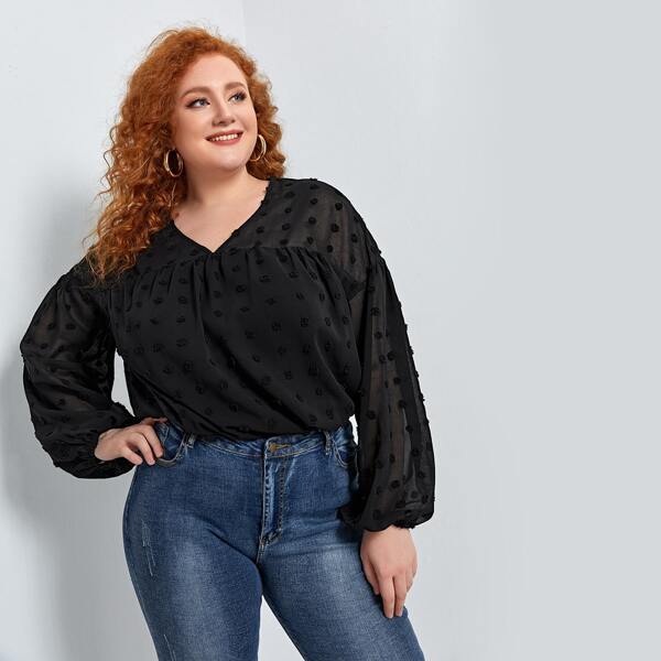 

Plus Swiss Dot V-neck Blouse, Black