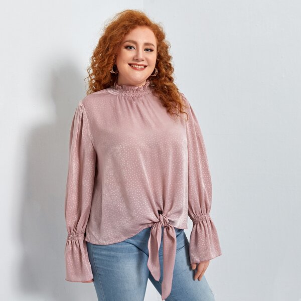

Plus Frill Neck Knot Hem Blouse, Dusty pink