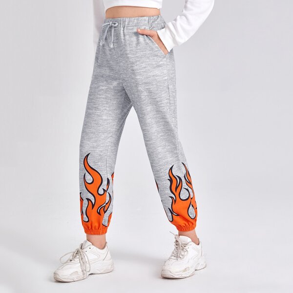 

Girls Slant Pocket Fire Print Joggers, Light grey