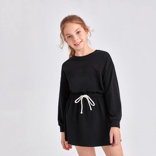 

Girls Letter Embroidered Drawstring Waist Sweatshirt Dress, Black