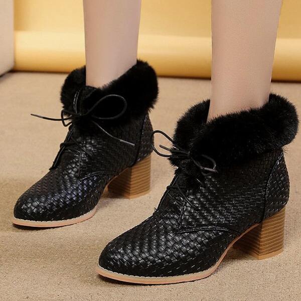 

Lace-up Front Braided Chunky Heeled Boots, Black
