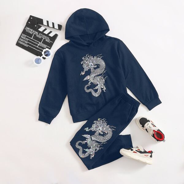 

Boys Chinese Dragon Graphic Hoodie & Joggers Set, Navy blue