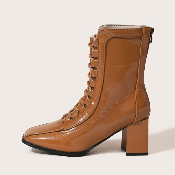 

Square Toe Lace-up Front Chunky Heeled Boots, Brown