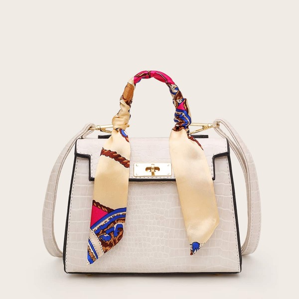 

Twilly Scarf Crocodile Satchel Bag, Beige