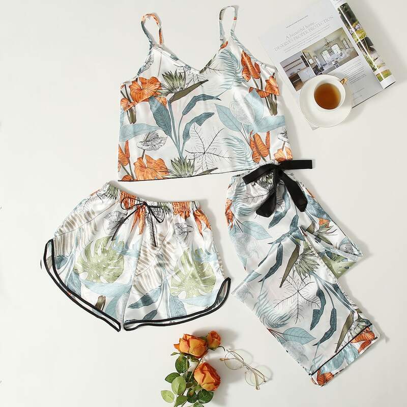

3pcs Floral Print Satin Cami PJ Set, Multicolor