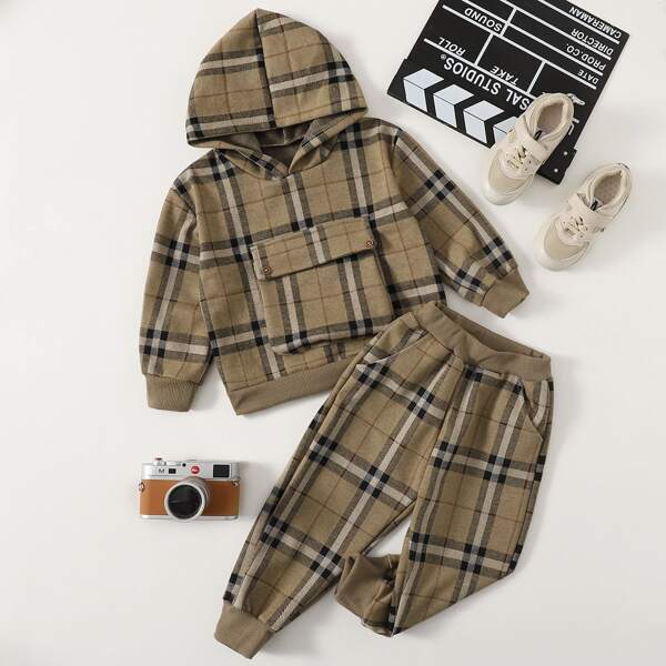 

Toddler Boys Plaid Flap Pocket Hoodie & Sweatpants, Mocha brown