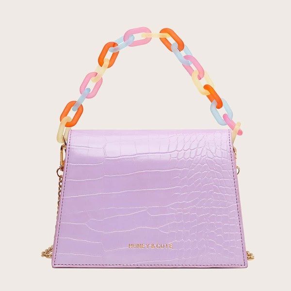 

Color Block Handle Crocodile Satchel Bag, Purple