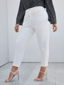 SHEIN Essnce 大碼曲線高腰高彈力破洞牛仔褲 - 白色 - 查看 4