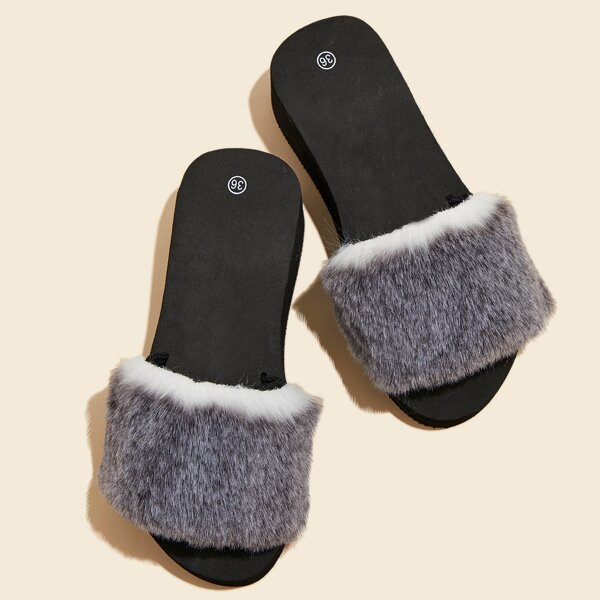 

Faux Fur Thick Sole Slides, Grey