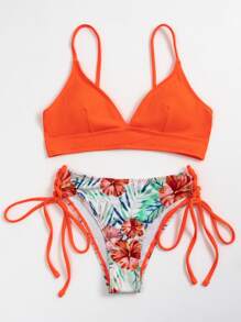 Conjunto de bikini de flores con lazo lateral, ideal para playa de verano - Multicolor - Ver 5