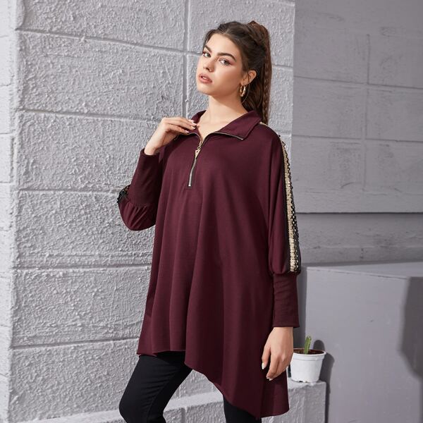 

Contrast Sequin Half Zip Sweatshirt, Maroon