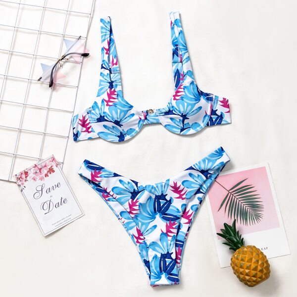 

Plant Print Underwire High Cut Bikini Swimsuit, Multicolor