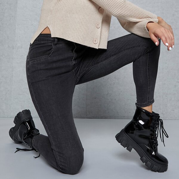 

Faux Patent Leather Lace Up Ankle Booties, Black