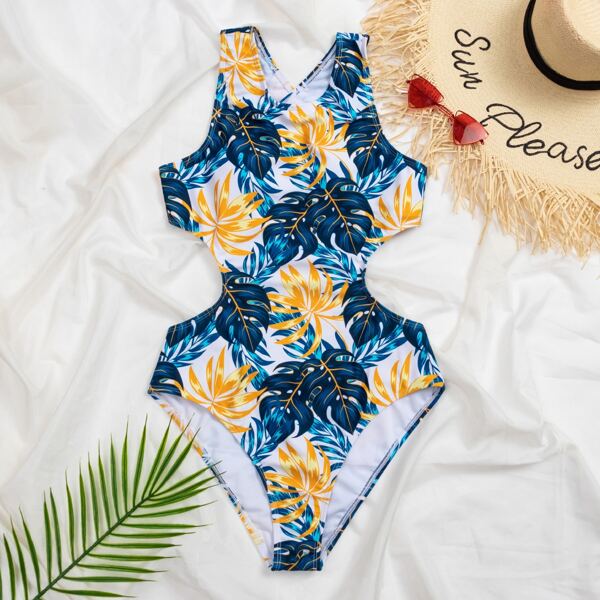 

Tropical Cut-out One Piece Swimsuit, Multicolor