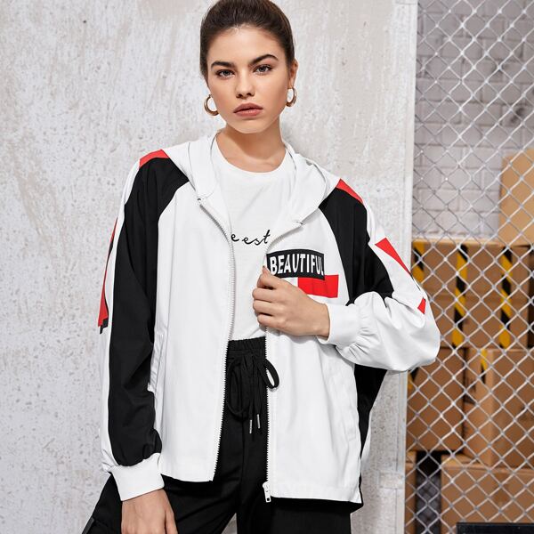 

Zipper Front Letter Graphic Colorblock Jacket, White