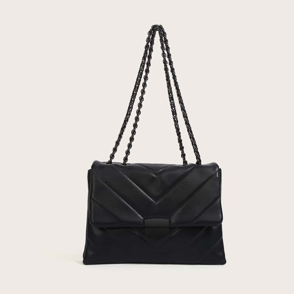 

Chevron Flap Chain Shoulder Bag, Black