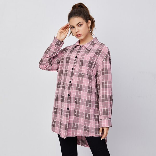 

Collared Pocket Front Dip Hem Plaid Blouse, Multicolor