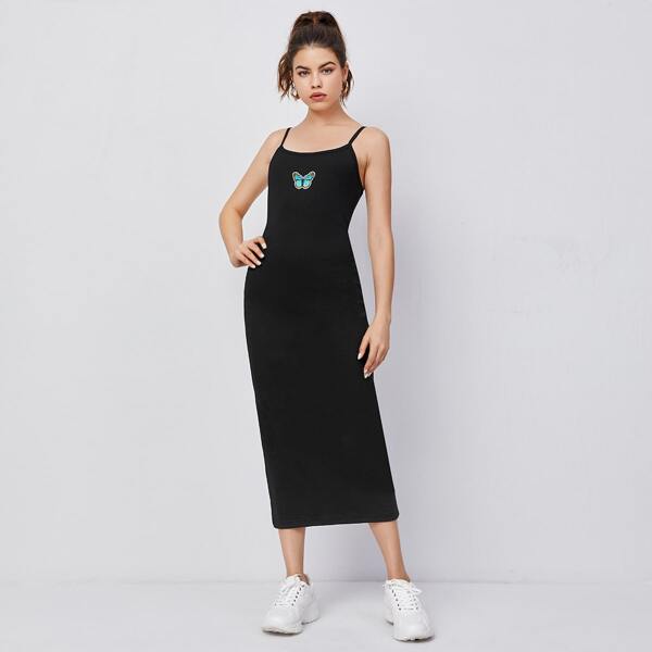 

Butterfly Embroidery Slip Dress, Black